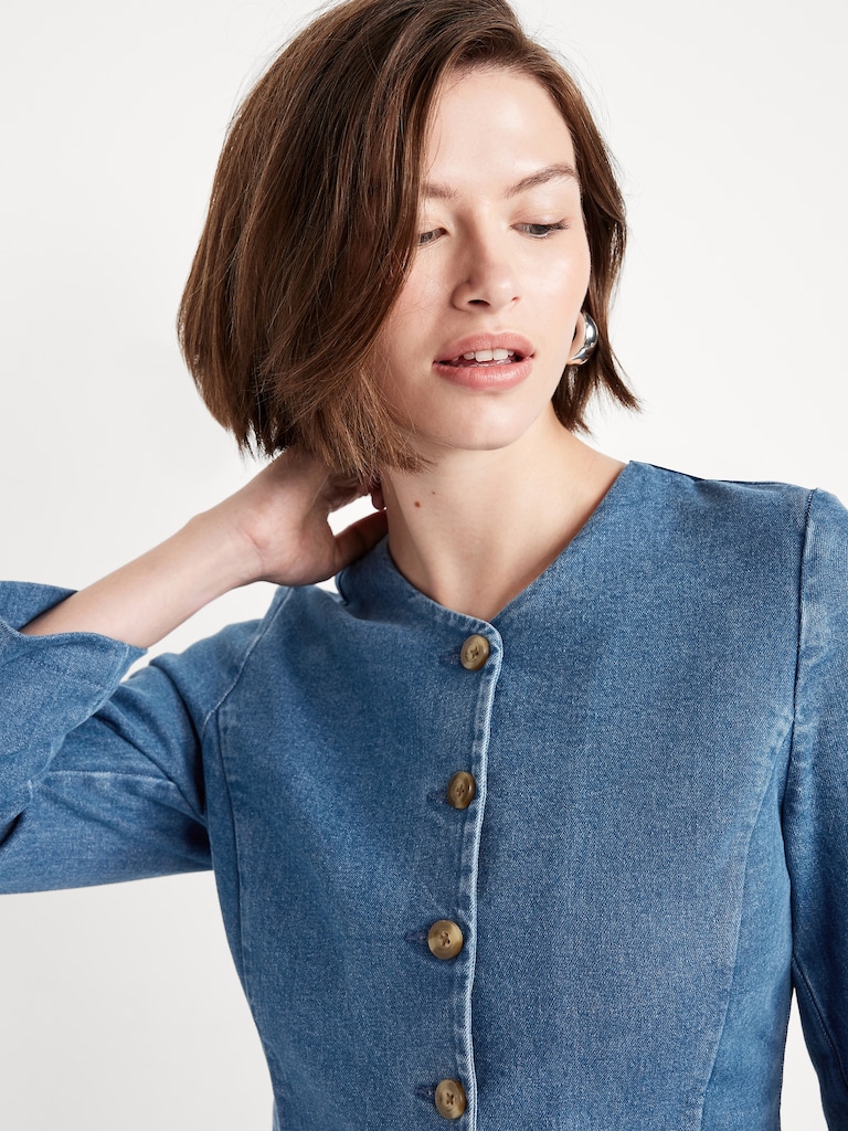 Fitted Collarless Denim Blazer