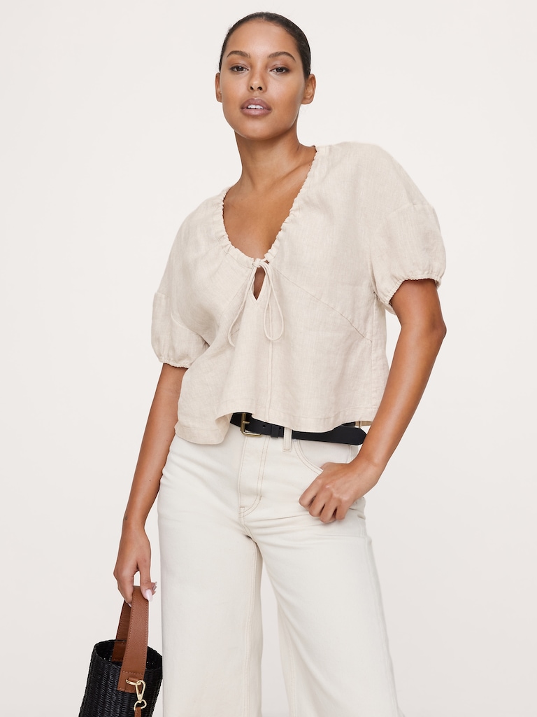 Linen Tie-Front V-Neck Top
