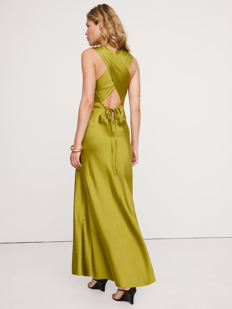 Stretch-Satin Cross-Back Maxi Dress