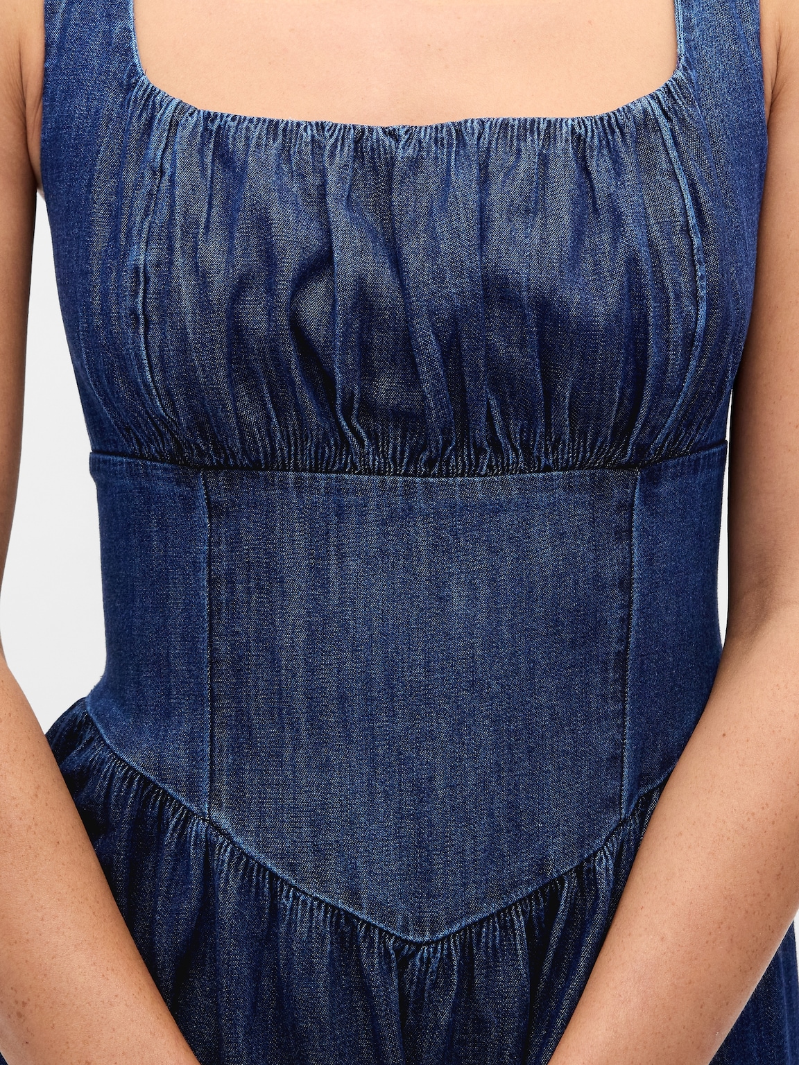 Denim Drop-Waist Corset Midi Dress