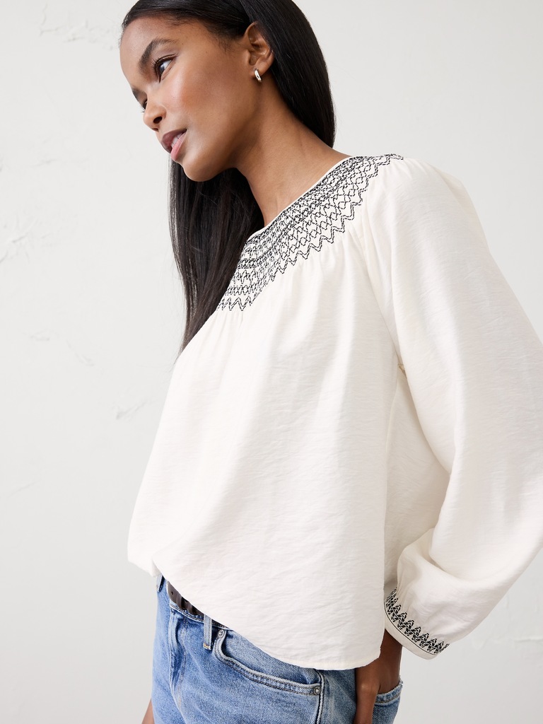 Embroidered-Neck Top