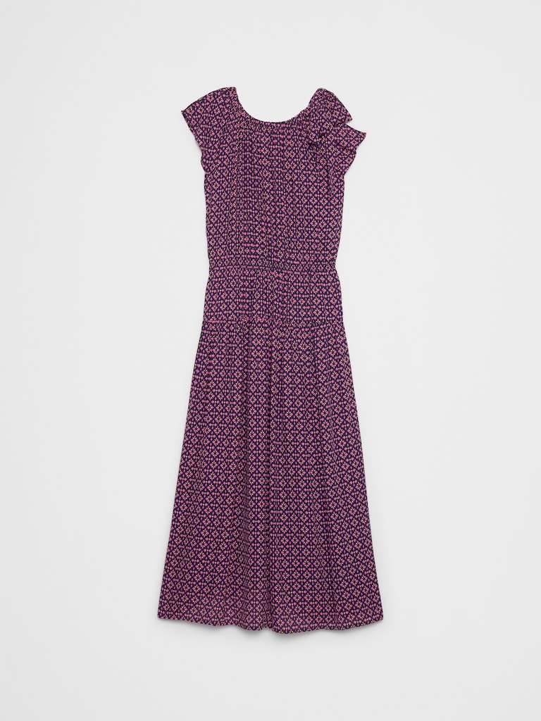 Shirred-Neck Drop-Waist Midi Dress