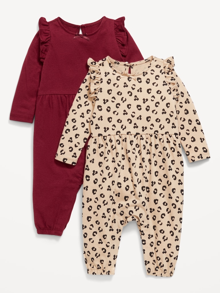 Printed Long-Sleeve Ruffle-Trim One-Piece 2-Pack for Baby