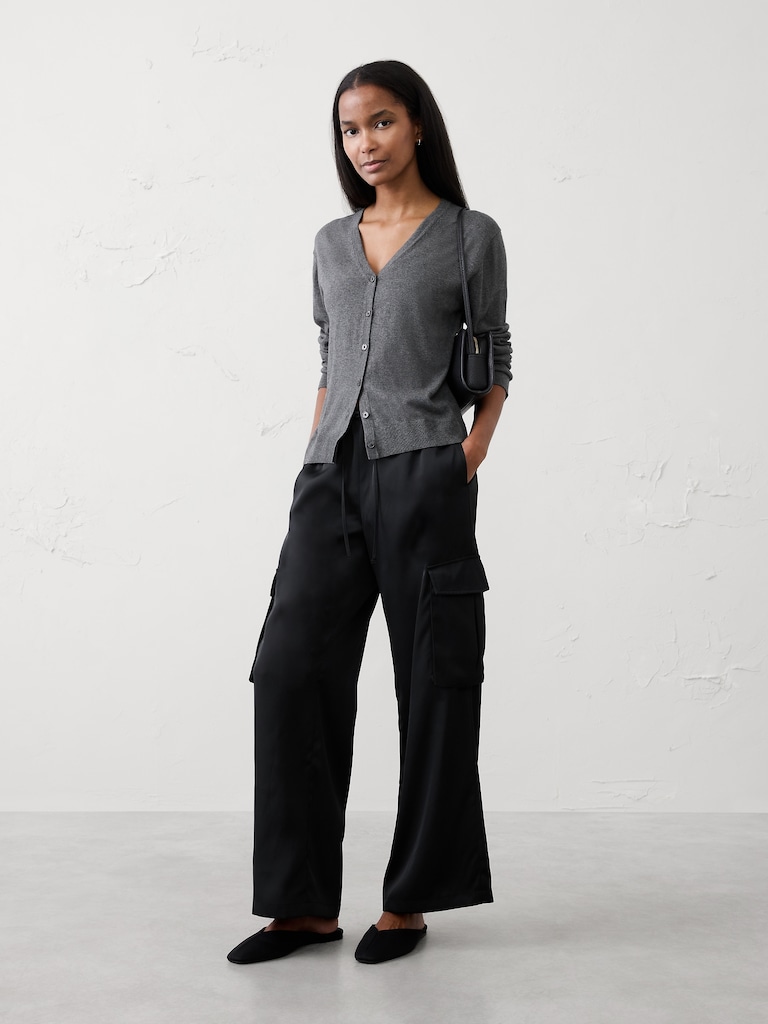 Wide-Leg Mid-Rise Satin Pull-On Cargo Pant