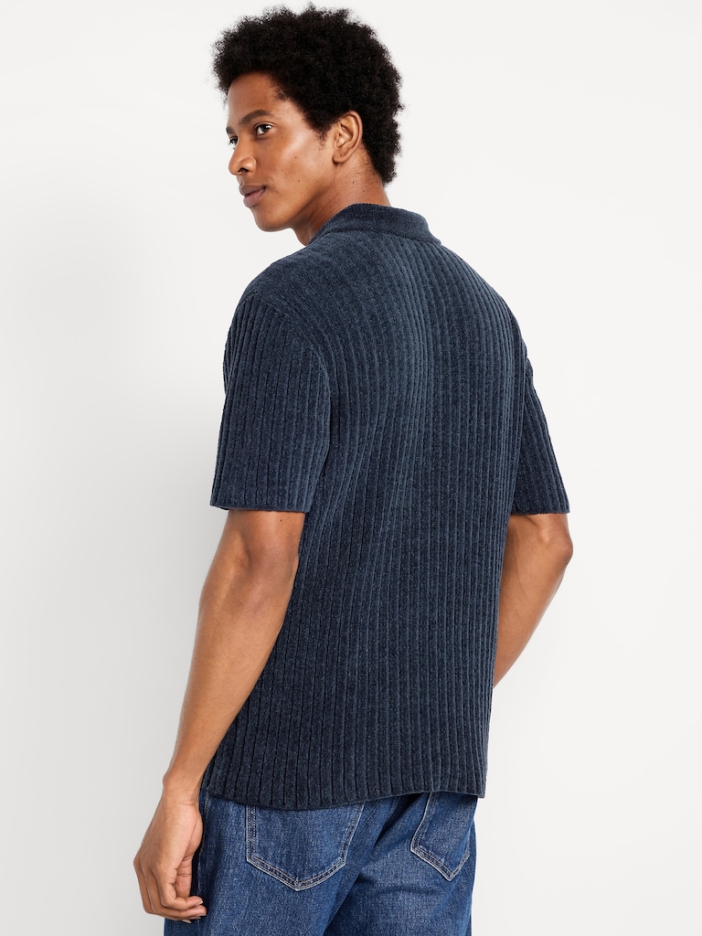 Short-Sleeve Chenille Polo Sweater