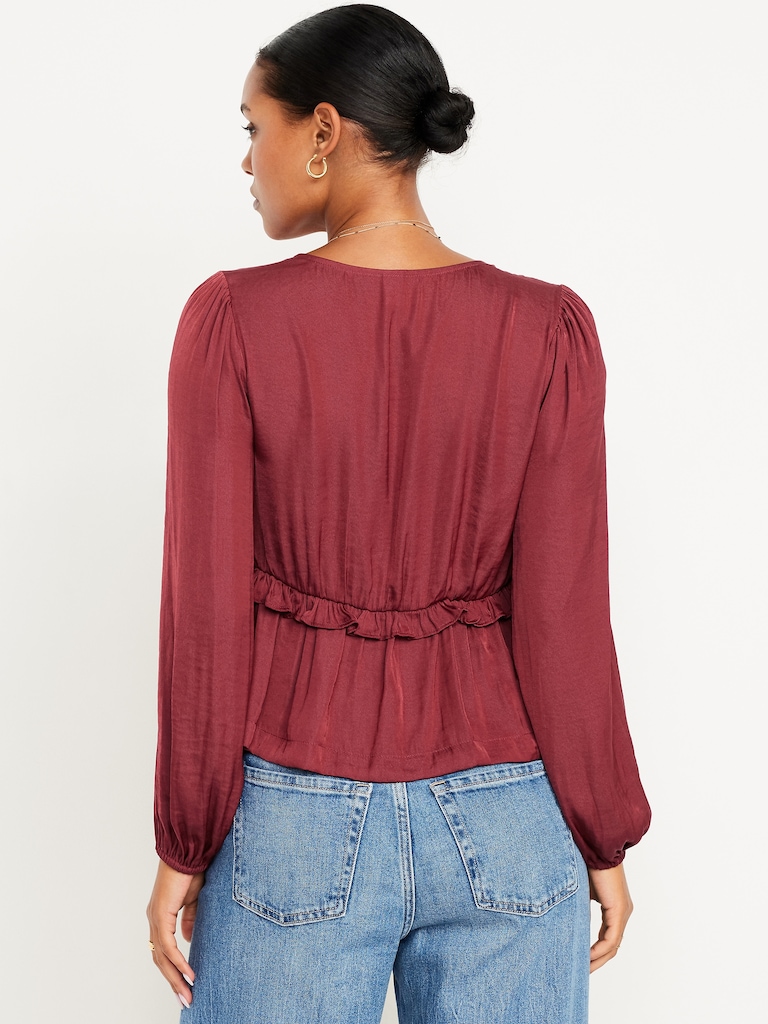 Satin Ruffle Tie-Front Top