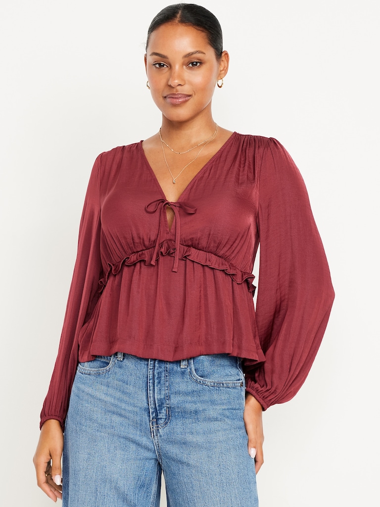 Satin Ruffle Tie-Front Top