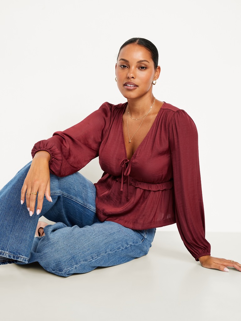 Satin Ruffle Tie-Front Top