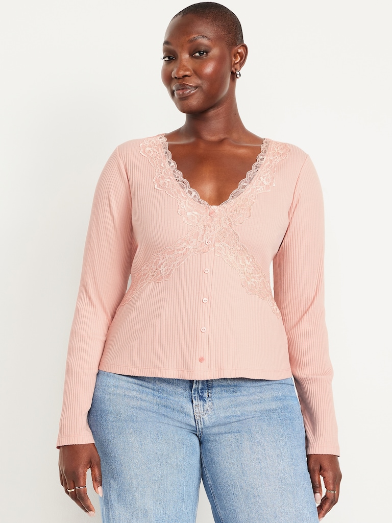Lace-Trim V-Neck Ribbed Top