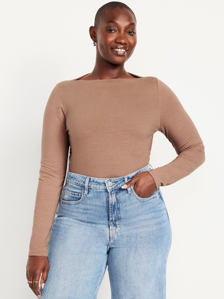 Long-Sleeve Slit-Neck Ruched Top