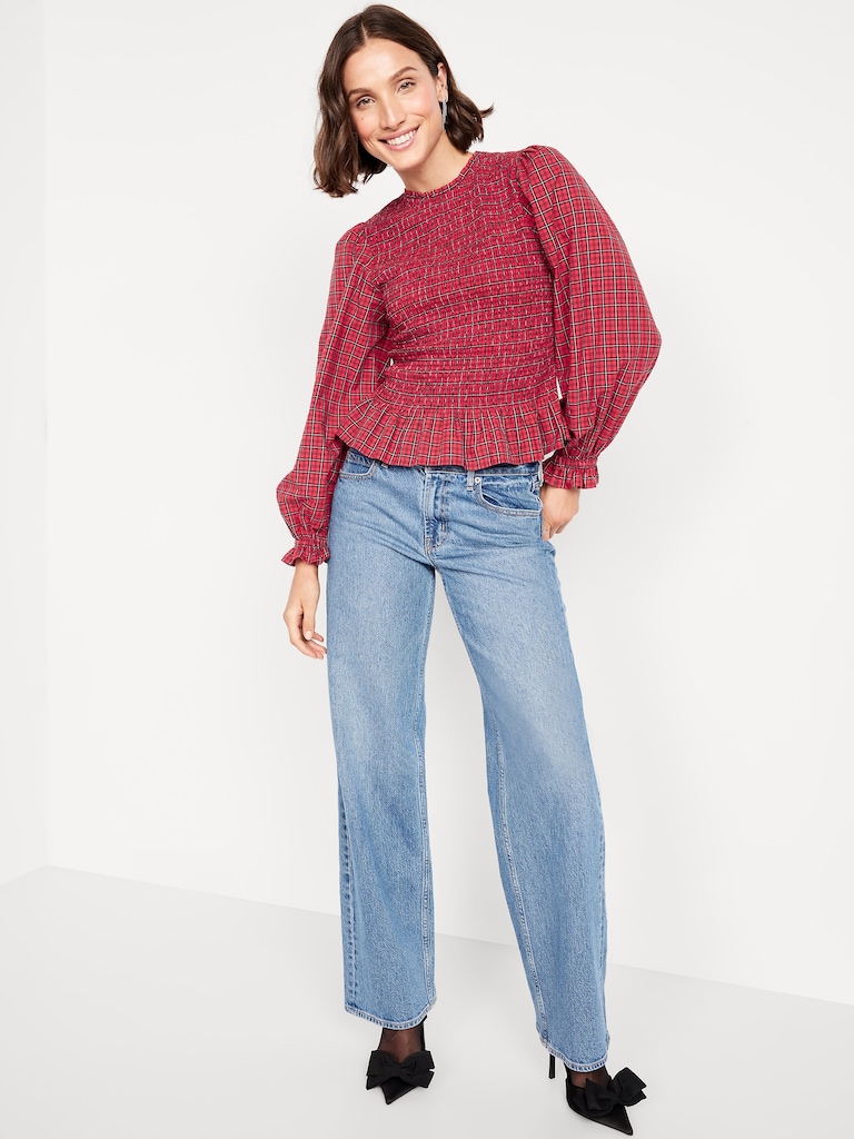 Long-Sleeve Plaid Smocked Top
