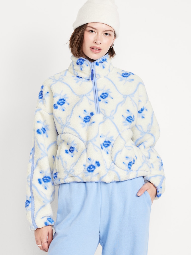 Printed Loose Sherpa Quarter-Zip Pullover