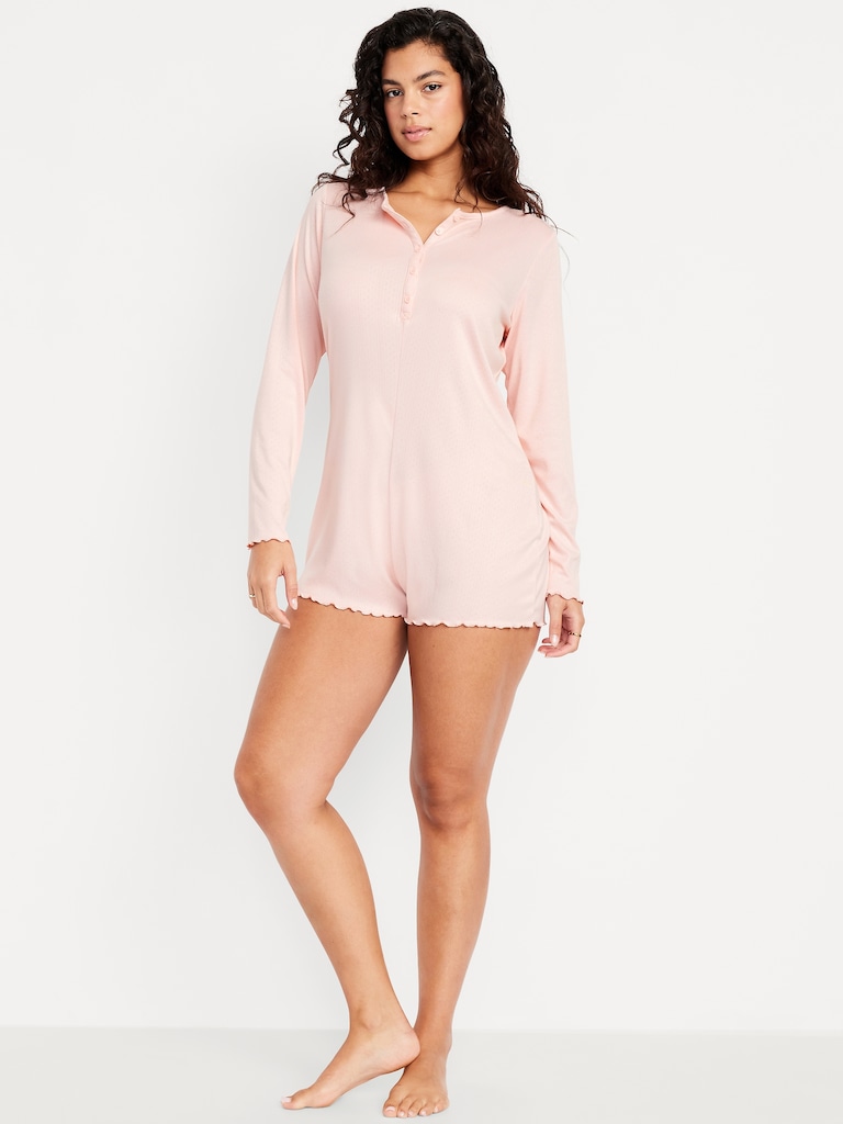 Long-Sleeve Pointelle Henley Pajama Romper