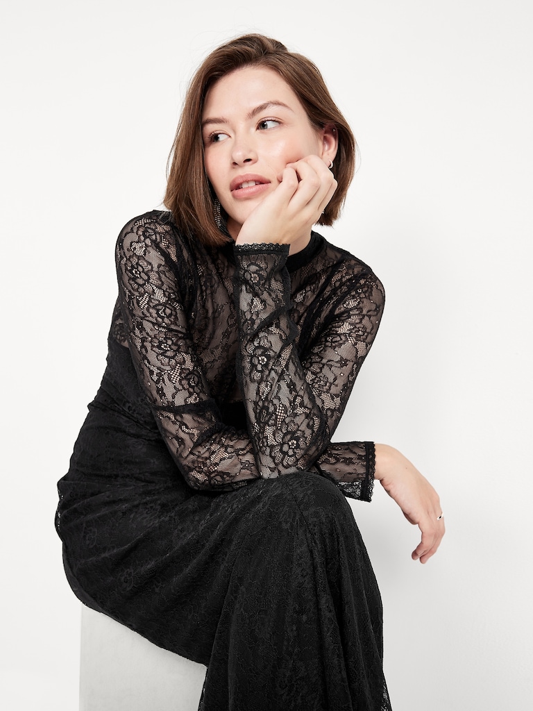 Mock Neck Lace Maxi Dress