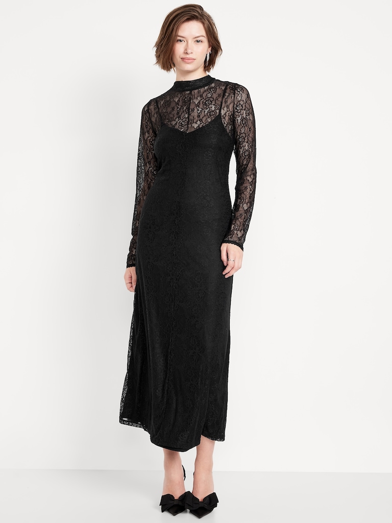 Mock Neck Lace Maxi Dress