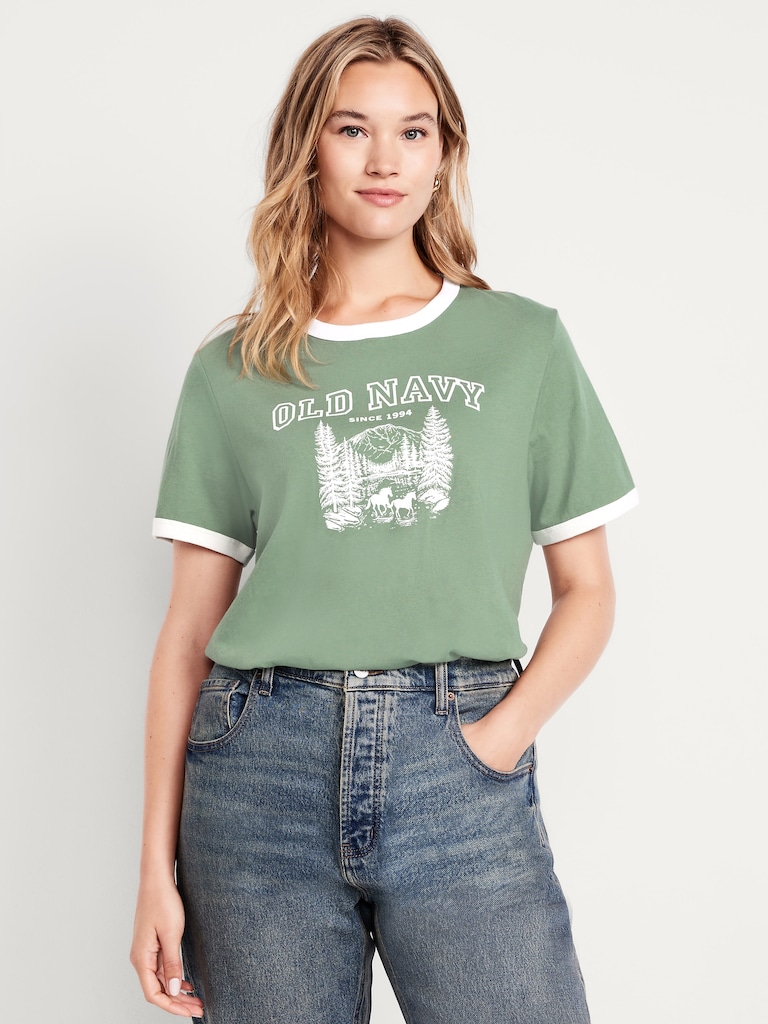 T-shirt passe-partout à bords contrastants avec logo et imprimé