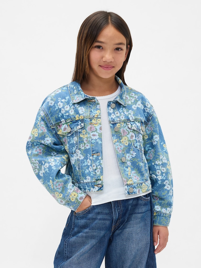 Kids Balloon-Sleeve Floral Denim Jacket