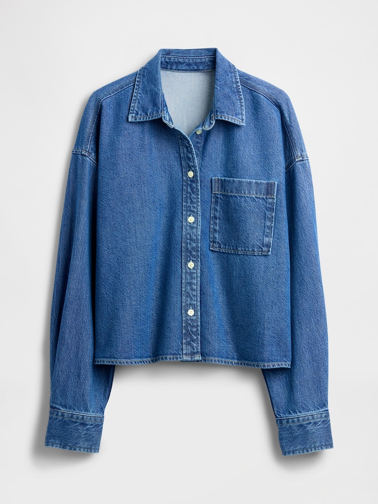 UltraSoft Denim Oversized Straight-Hem Crop Shirt
