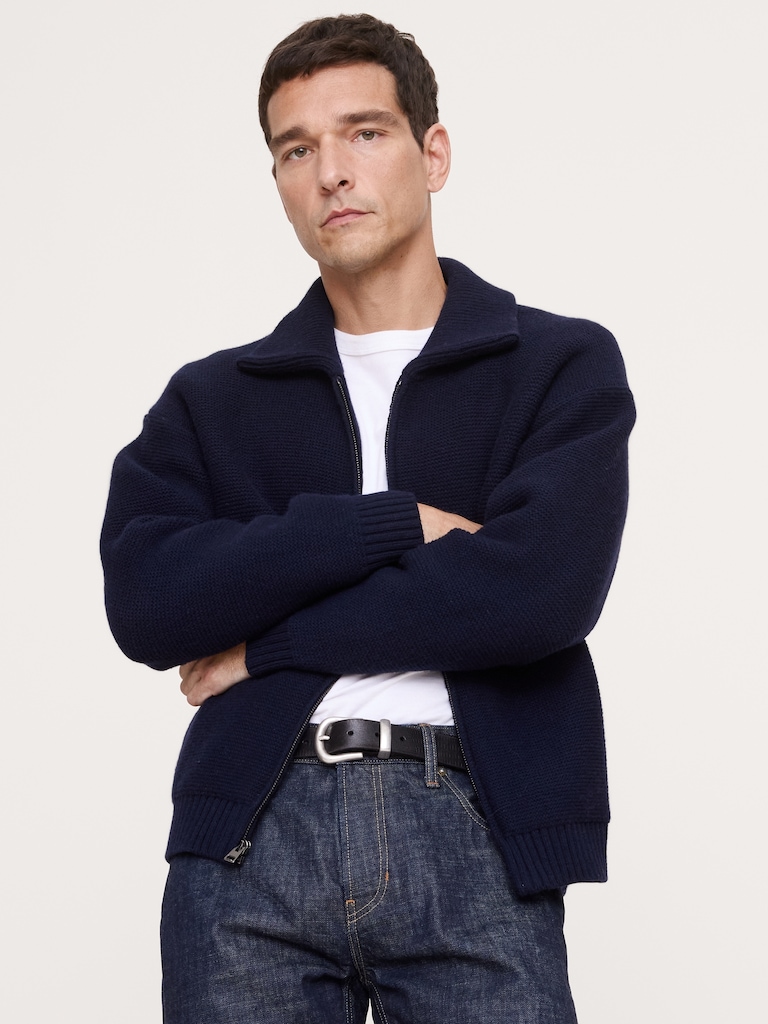 Italian Merino-Blend Ribbed Sweater Jacket