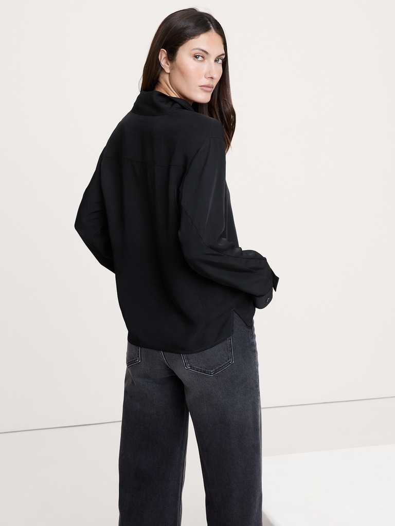 Drapey Twill Asymmetrical Button-Front Blouse
