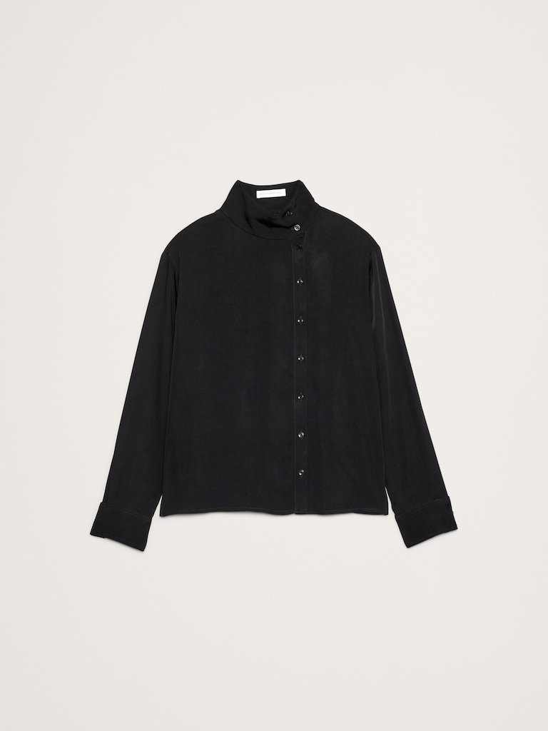 Drapey Twill Asymmetrical Button-Front Blouse