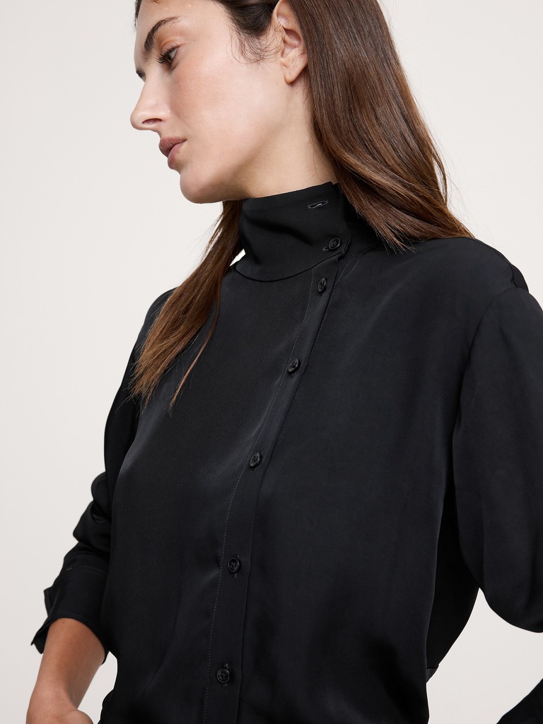 Drapey Twill Asymmetrical Button-Front Blouse