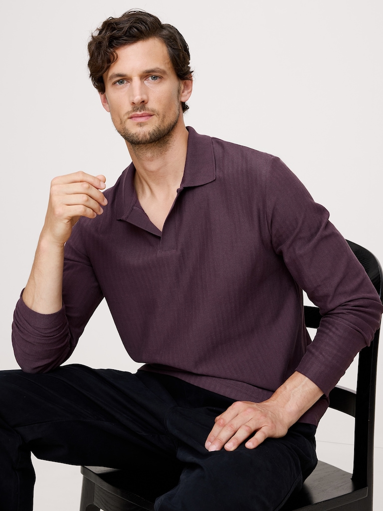 Herringbone Cotton Long-Sleeve Polo