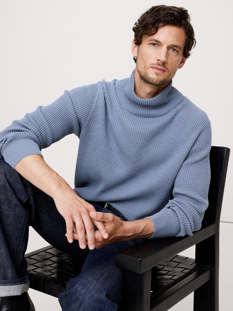 Cotton Thermal-Knit Turtleneck Sweater