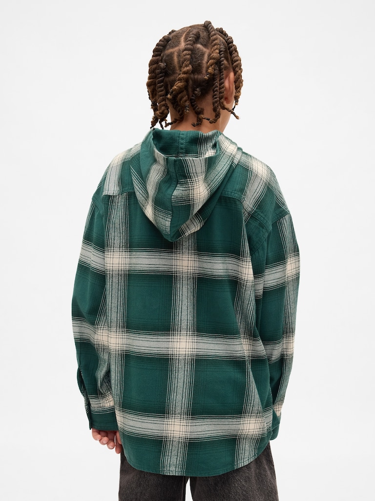 Kids Organic Cotton Hooded Flannel Shirt