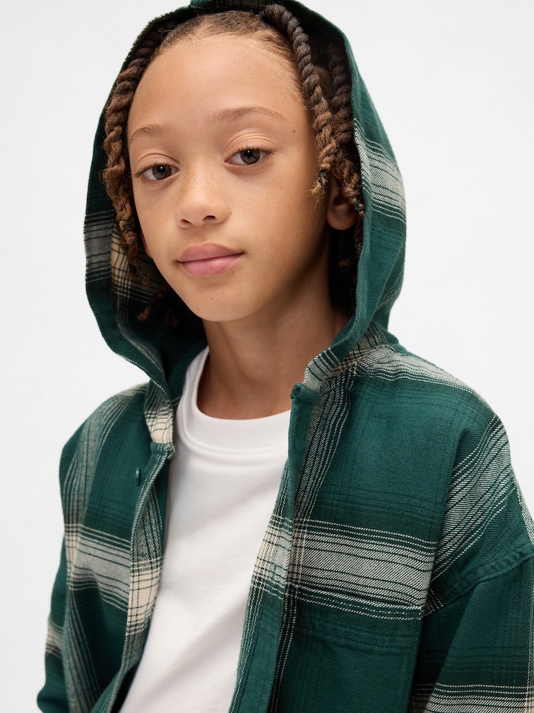 Kids Organic Cotton Hooded Flannel Shirt