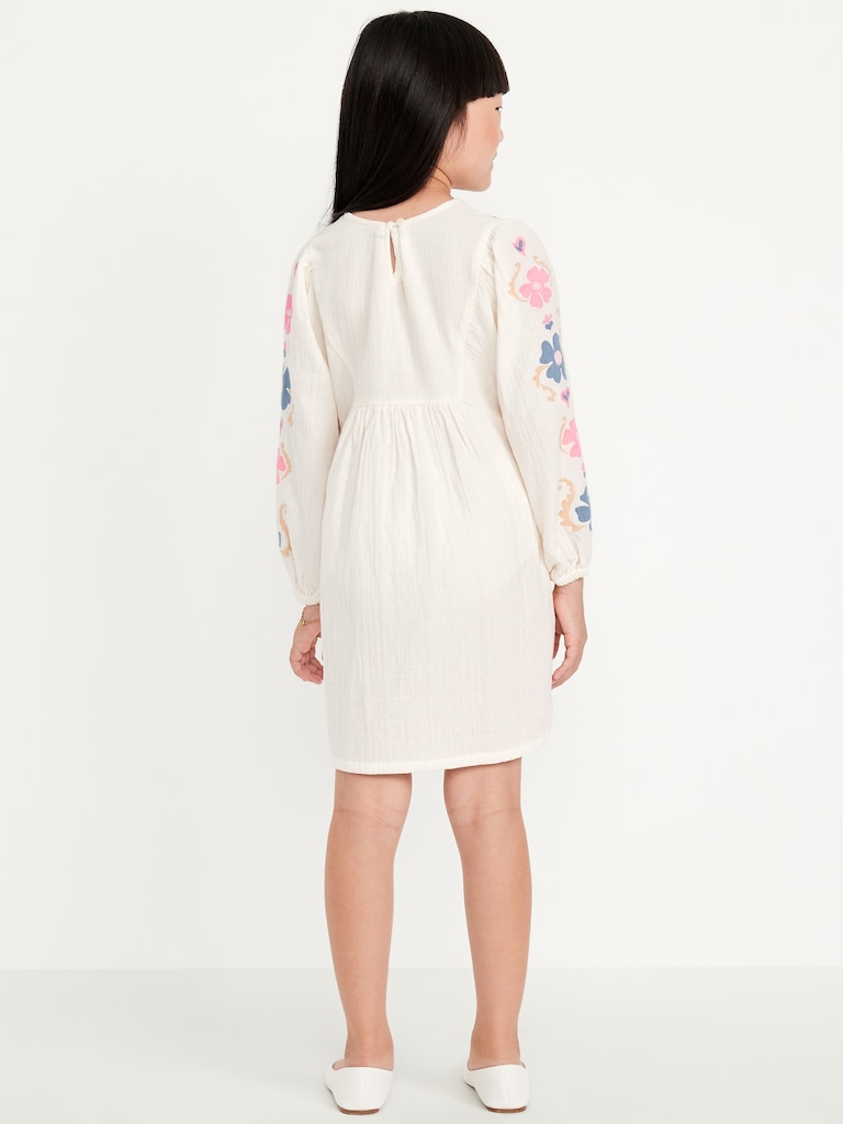 Long-Sleeve Double-Weave Embroidered Swing Dress for Girls