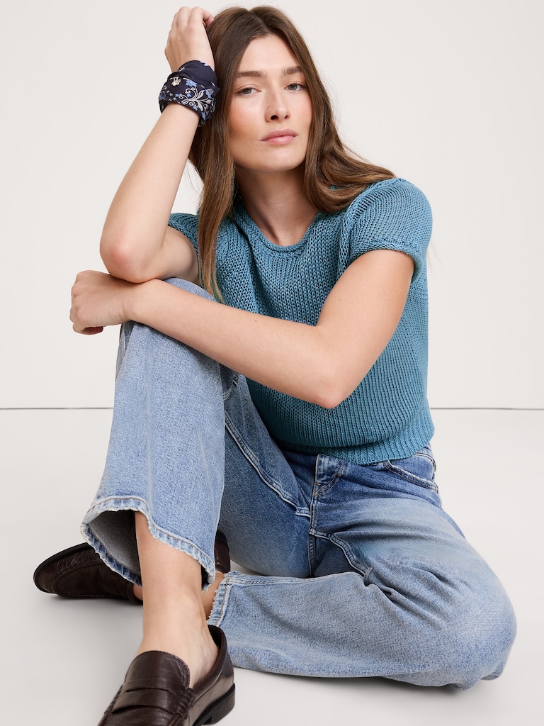 Fitted Heirloom Linen Short-Sleeve Sweater