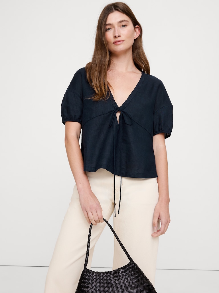 Linen Tie-Front V-Neck Top