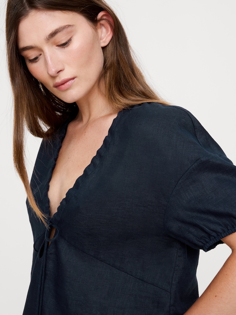 Linen Tie-Front V-Neck Top