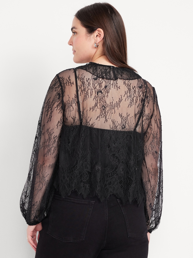 Long-Sleeve Lace V-Neck Lined Top