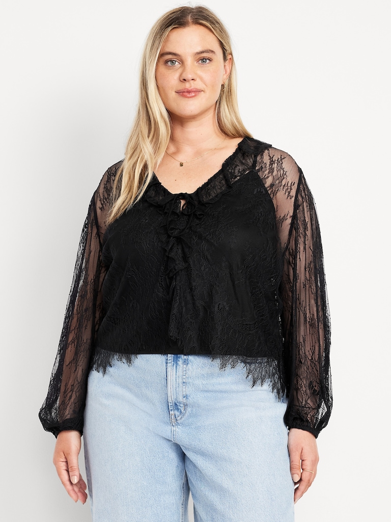 Long-Sleeve Lace V-Neck Lined Top