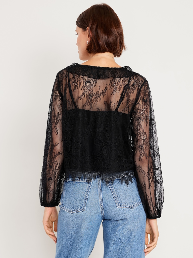 Long-Sleeve Lace V-Neck Lined Top