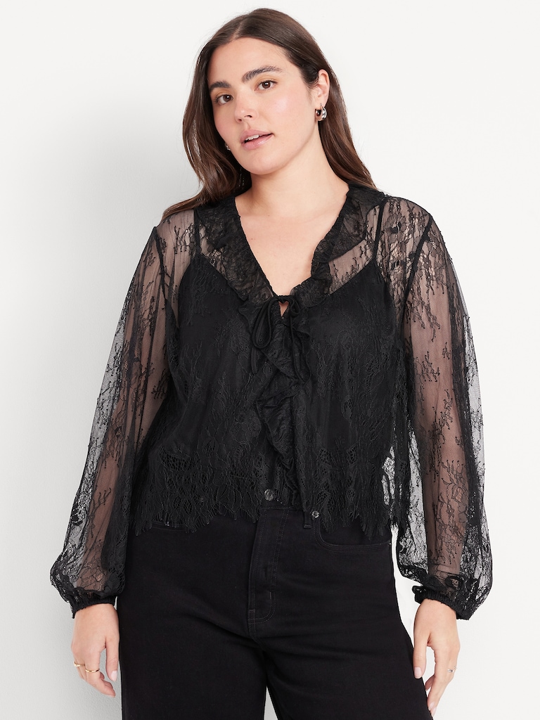 Long-Sleeve Lace V-Neck Lined Top