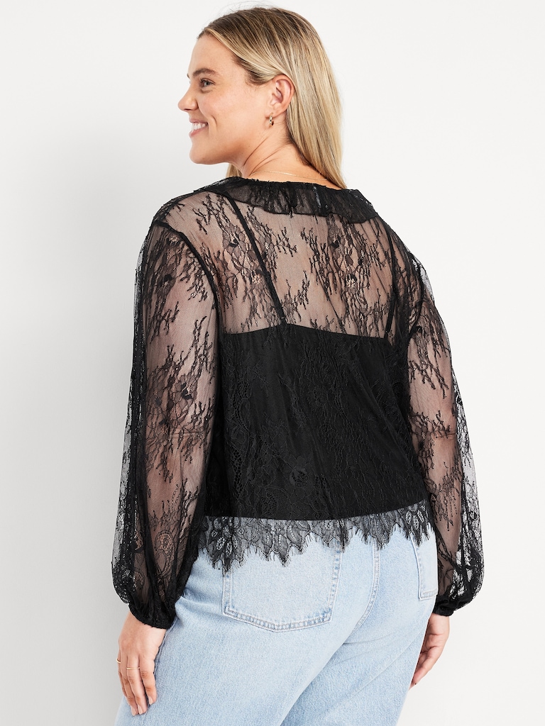 Long-Sleeve Lace V-Neck Lined Top