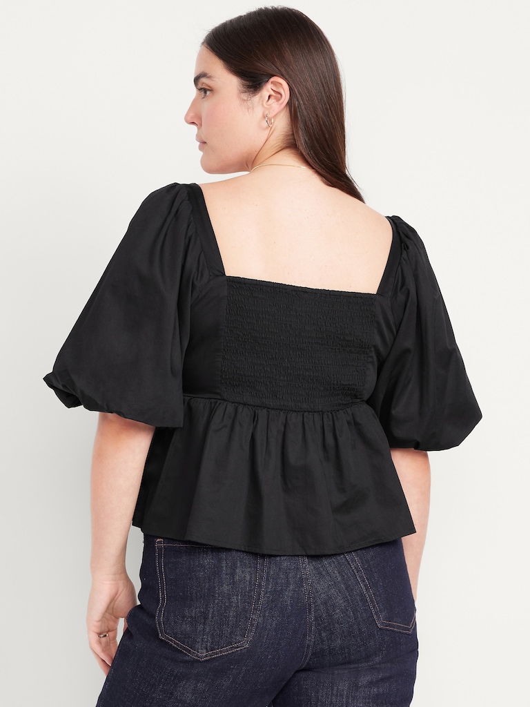 Puff-Sleeve Poplin Peplum Top