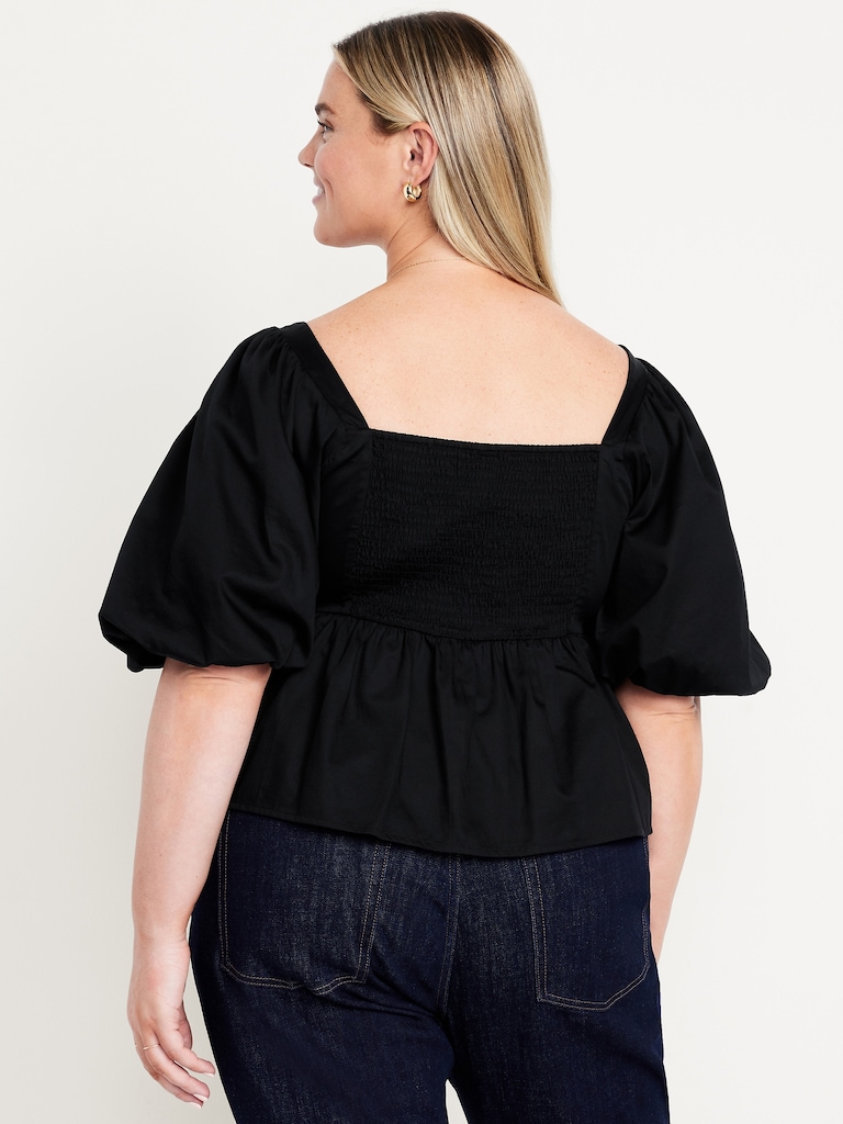 Puff-Sleeve Poplin Peplum Top