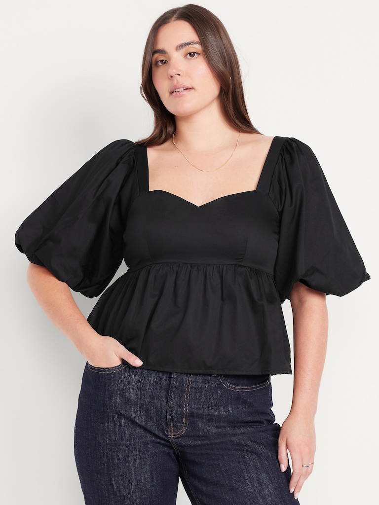 Puff-Sleeve Poplin Peplum Top