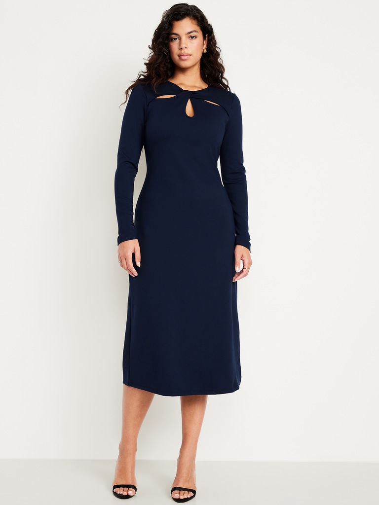 Long-Sleeve Twist-Neck Midi Dress