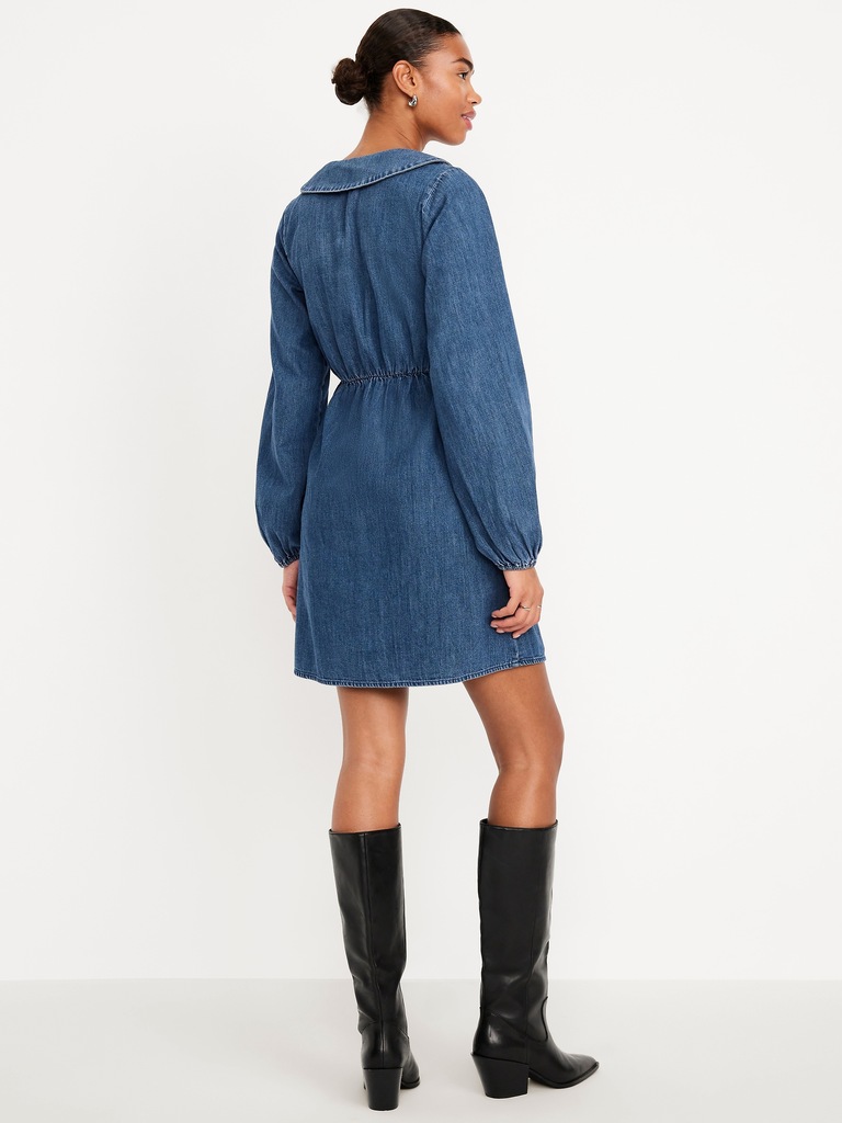 Long-Sleeve Fit & Flare Collared Jean Mini Dress