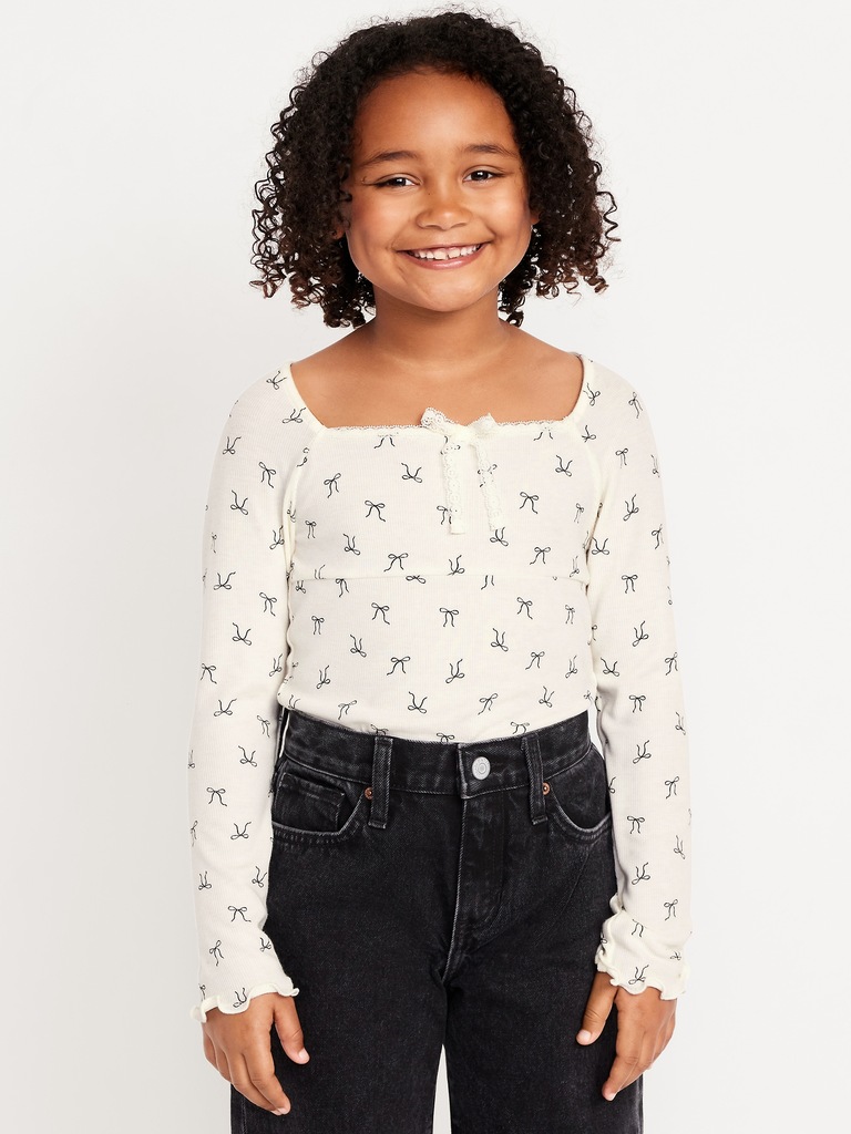 Fitted Long-Sleeve Lace-Tie Ribbed T-Shirt for Girls