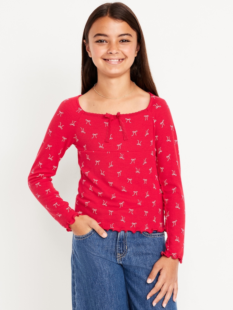 Fitted Long-Sleeve Lace-Tie Ribbed T-Shirt for Girls