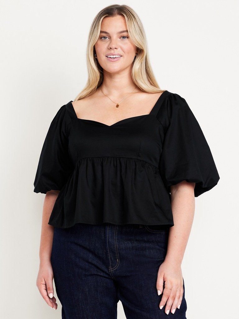 Puff-Sleeve Poplin Peplum Top