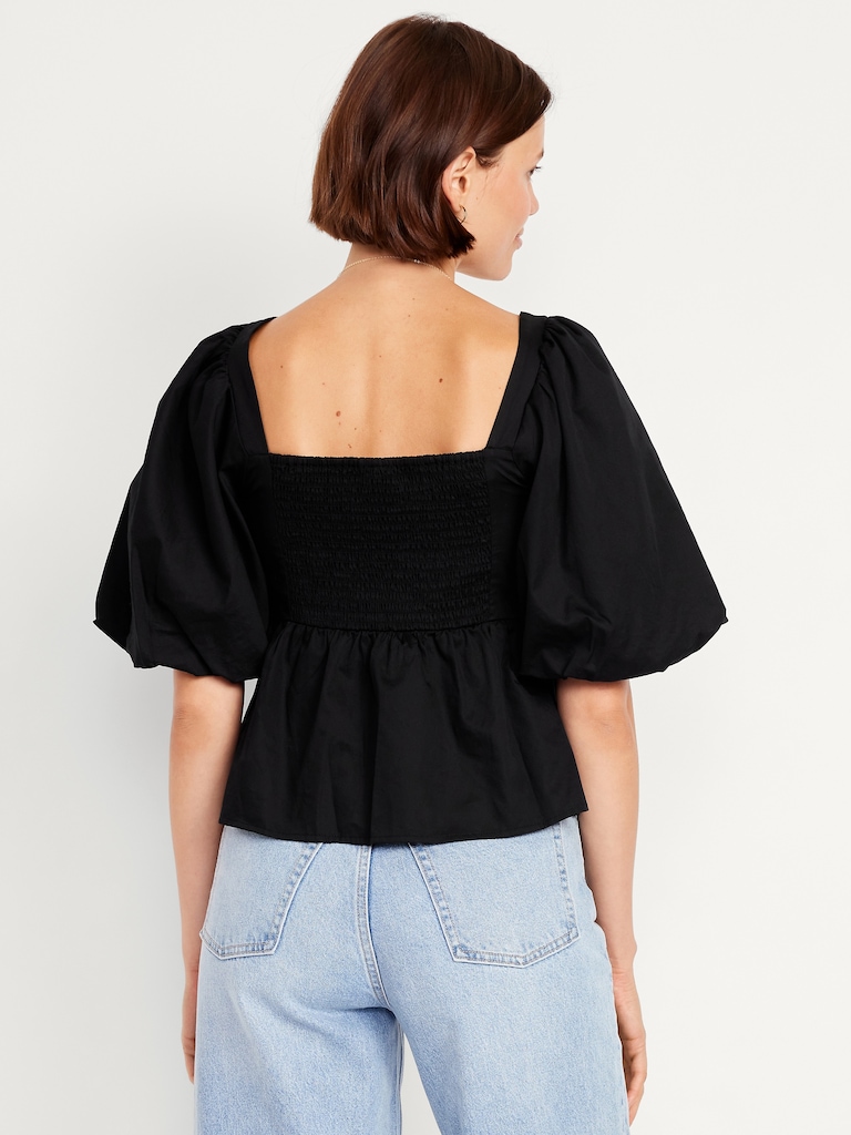 Puff-Sleeve Poplin Peplum Top