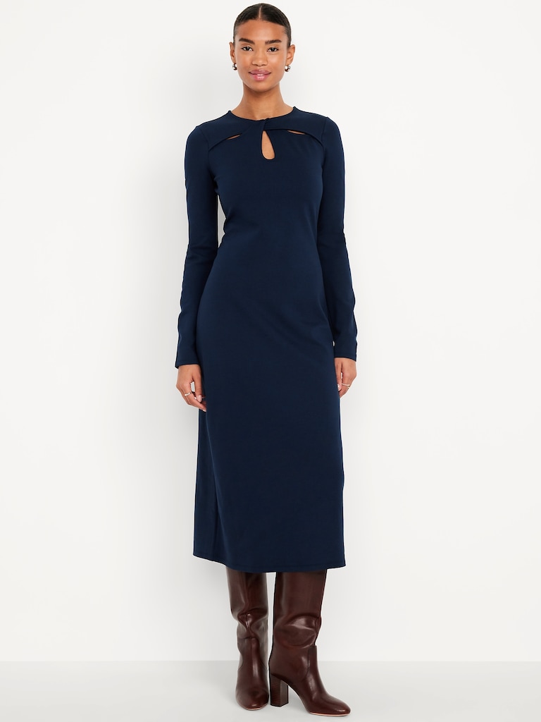 Long-Sleeve Twist-Neck Midi Dress