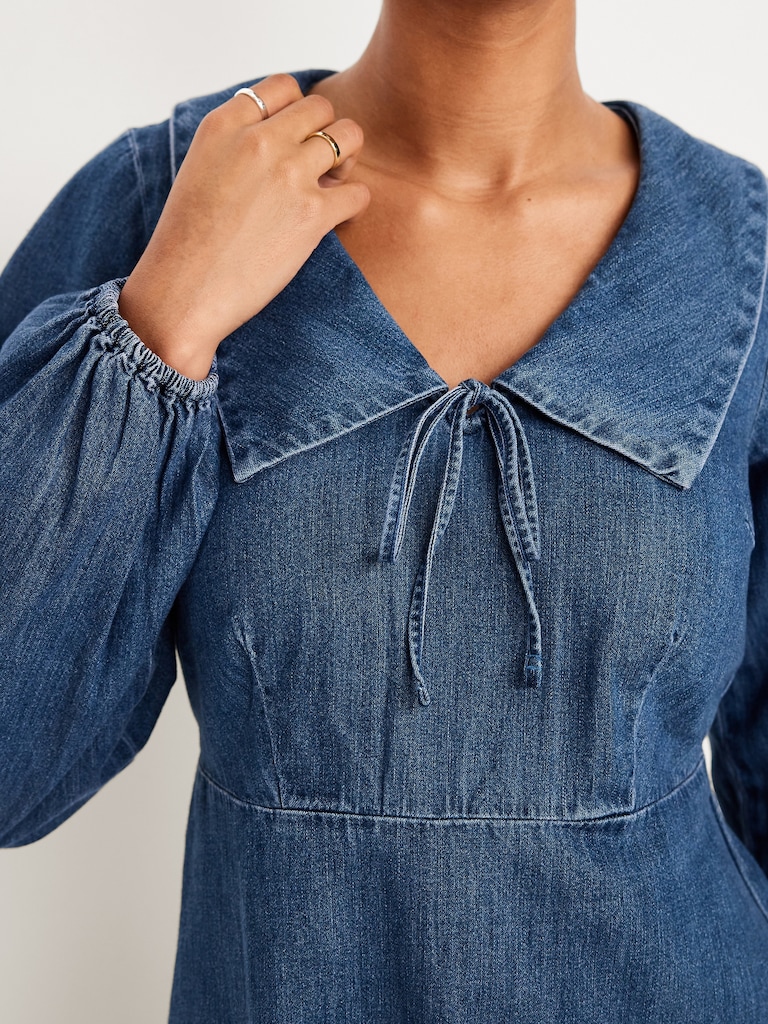 Long-Sleeve Fit & Flare Collared Jean Mini Dress